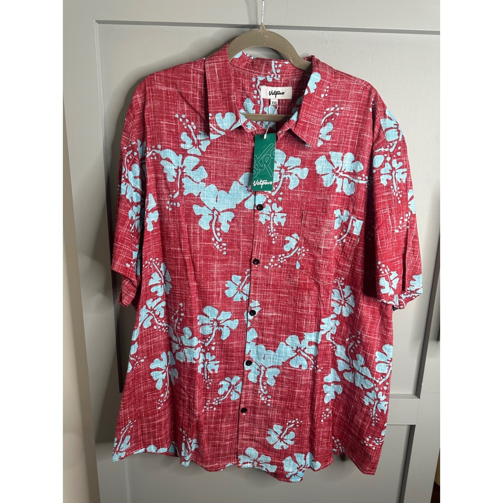 Vatpave‎ Mens XXL Red/Blue Hibiscus Floral Short Sleeve Button Down Shirt NWT